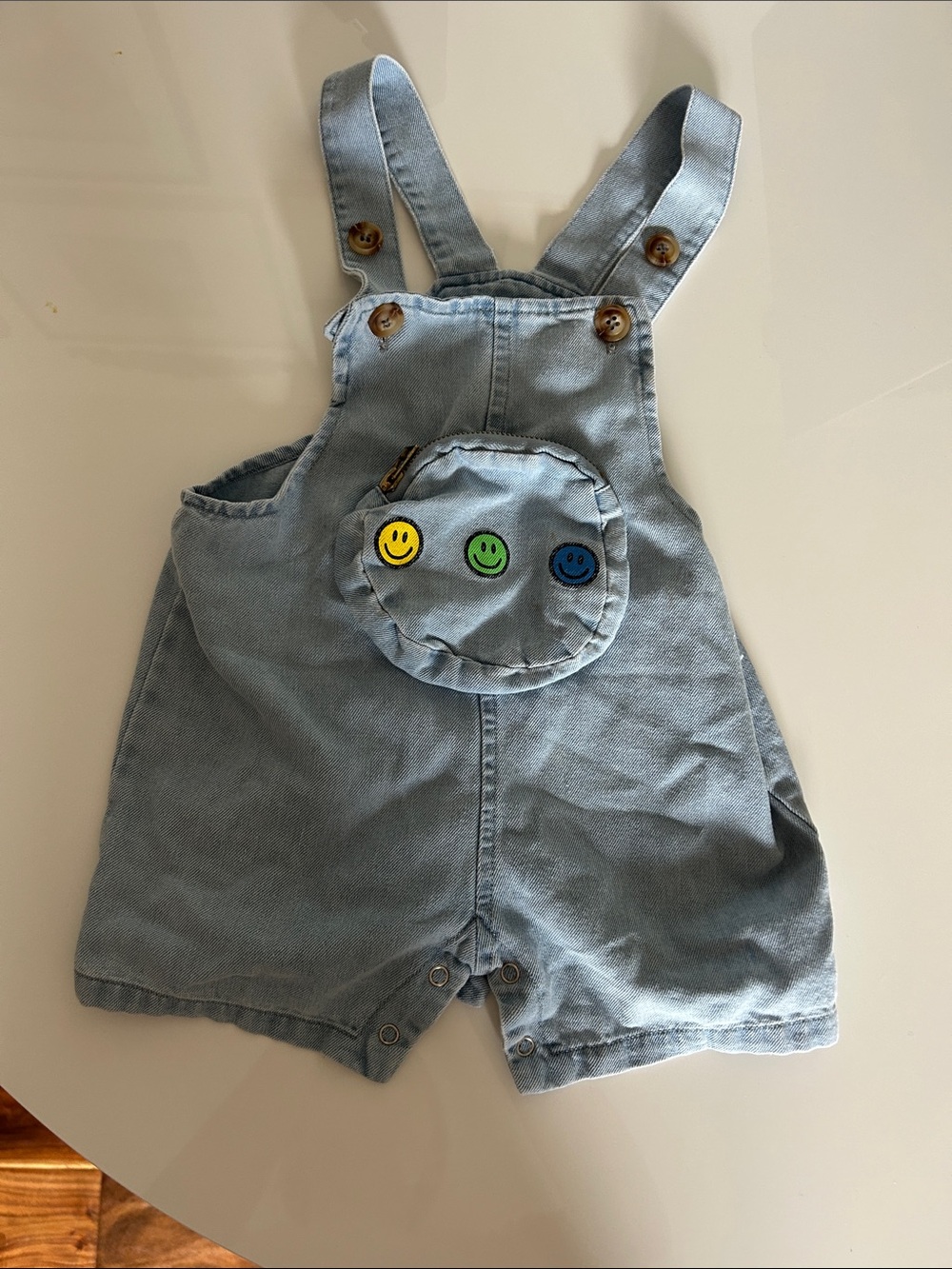 Light Denim Kids Short Overalls with Smiley Pocket fits 1-2 years old girl